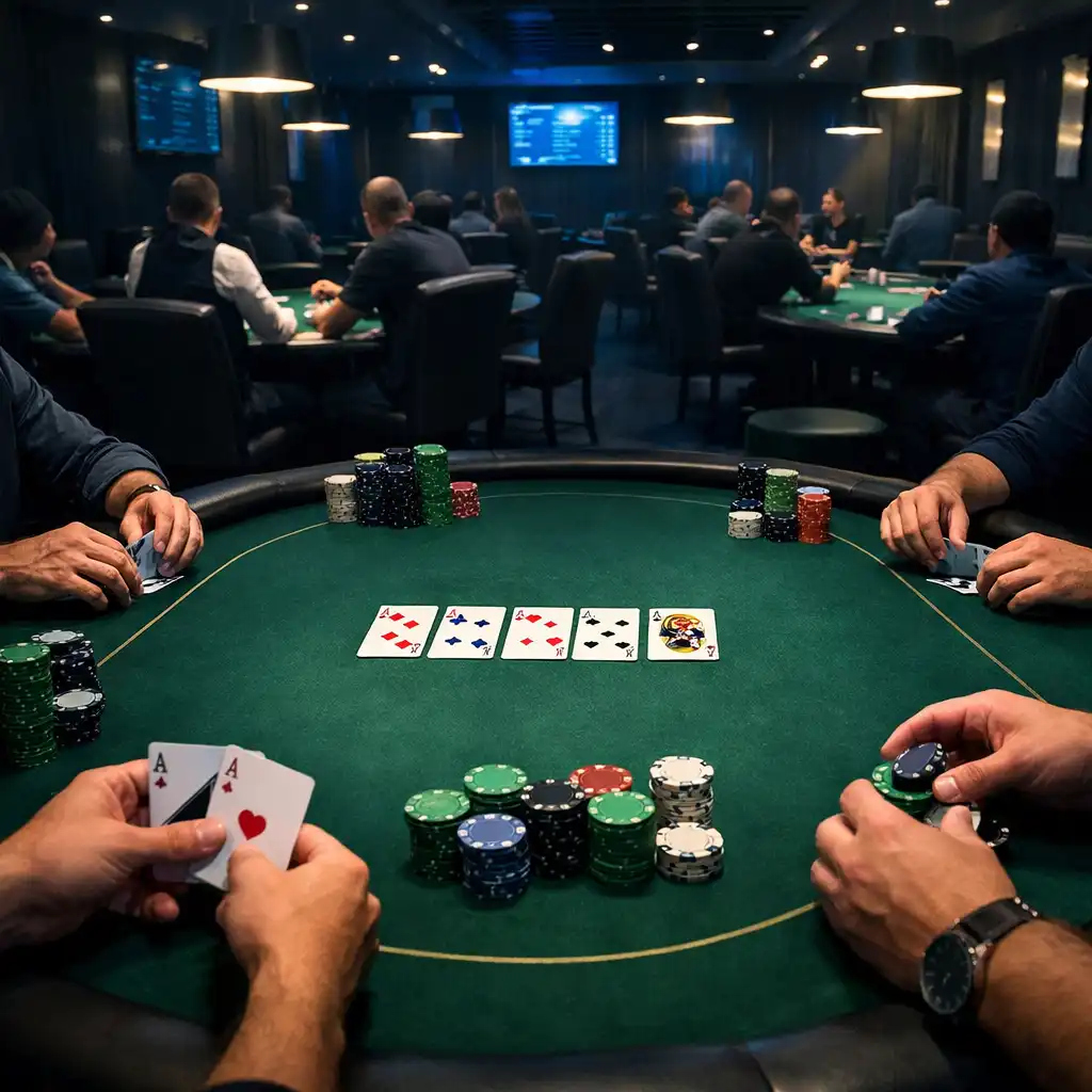 Professzionális Card Room több pokerasztallal, játékosokkal és koncentrált hangulattal