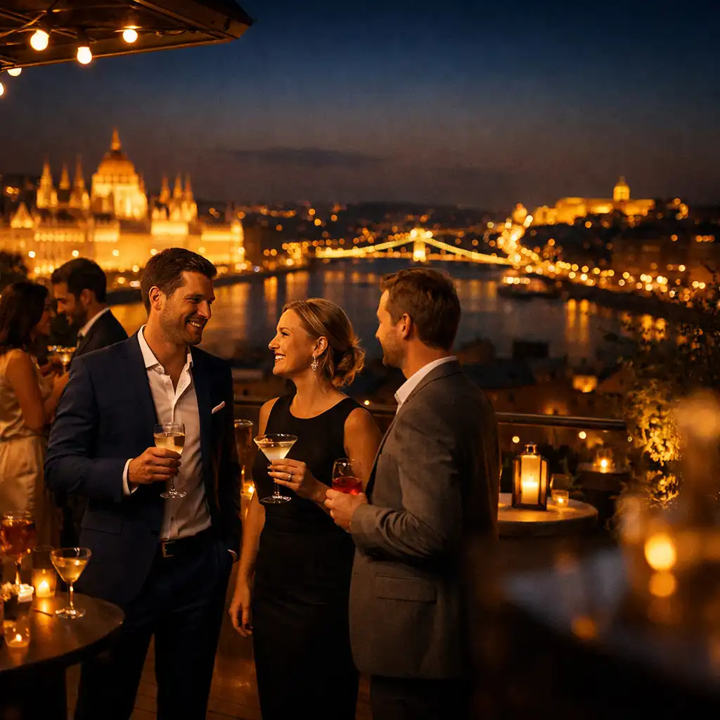 Elegáns céges rendezvény budapesti tetőteraszon, ahol vendégek beszélgetnek