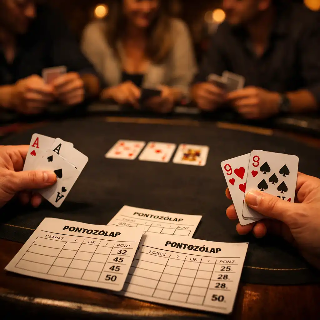 Texas Hold’em csapatverseny asztala közelről, kezek kártyákat tartanak