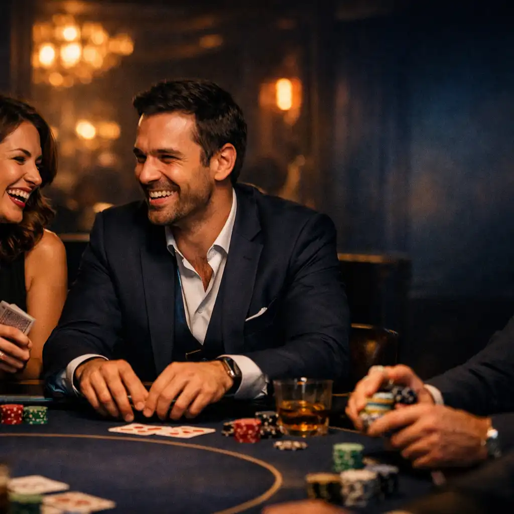 Elegáns csapatépítő esemény Budapesten, ahol kollégák együtt játszanak és nevetnek egy prémium poker lounge-ban