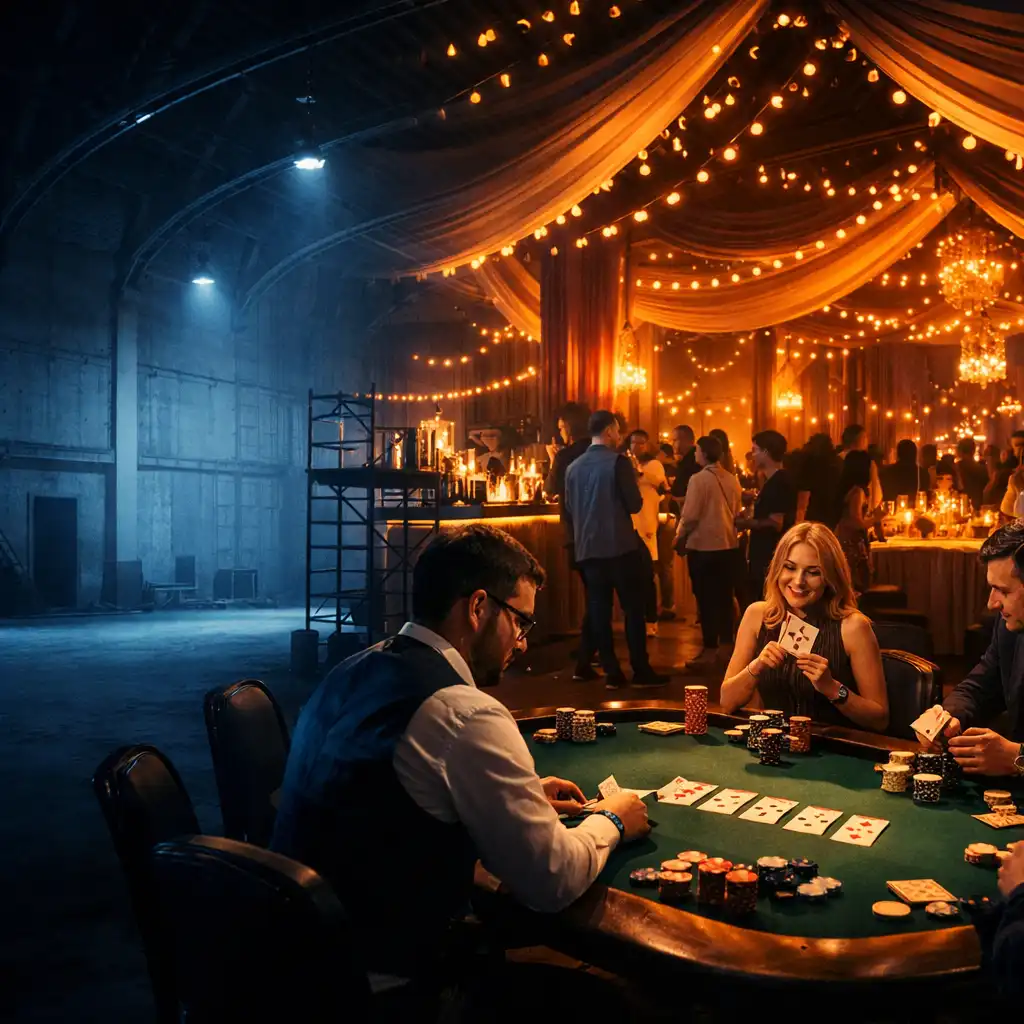 Budapesti rendezvényhelyszín átalakulása elegáns esti ünnepséggé, offline poker lounge-zsal
