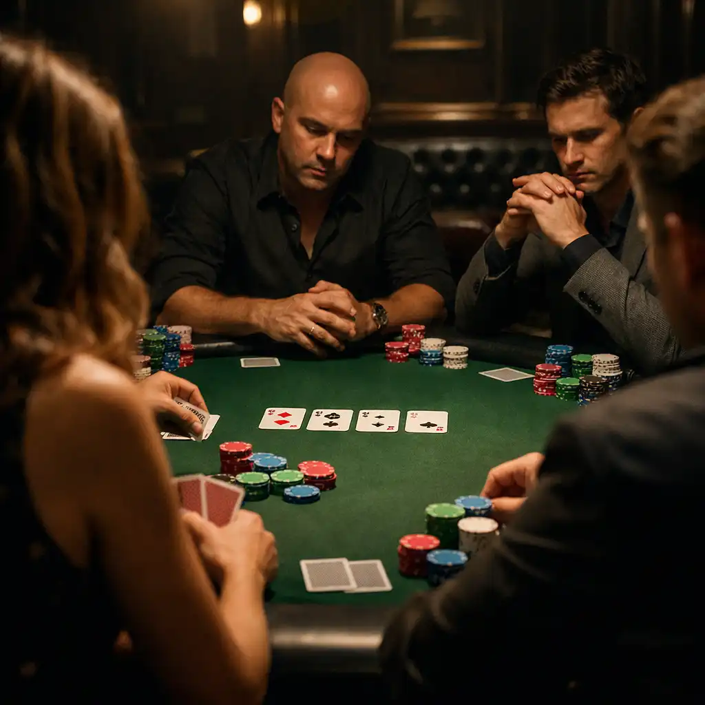 Vendégek profi pokerasztalnál játszanak Texas Hold'em-et egy offline poker esten