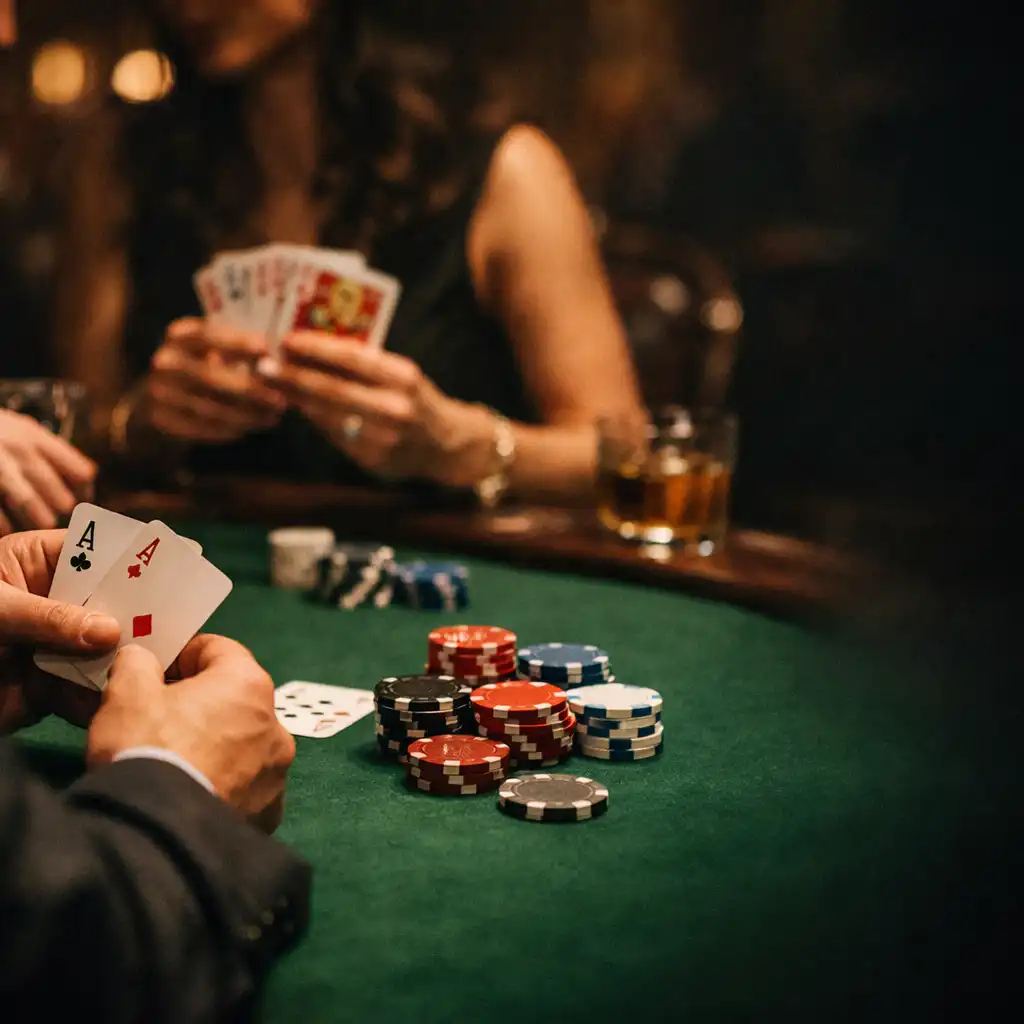 Elegáns offline poker est, ahol vendégek kártyáznak egy zöld posztóval borított asztalnál
