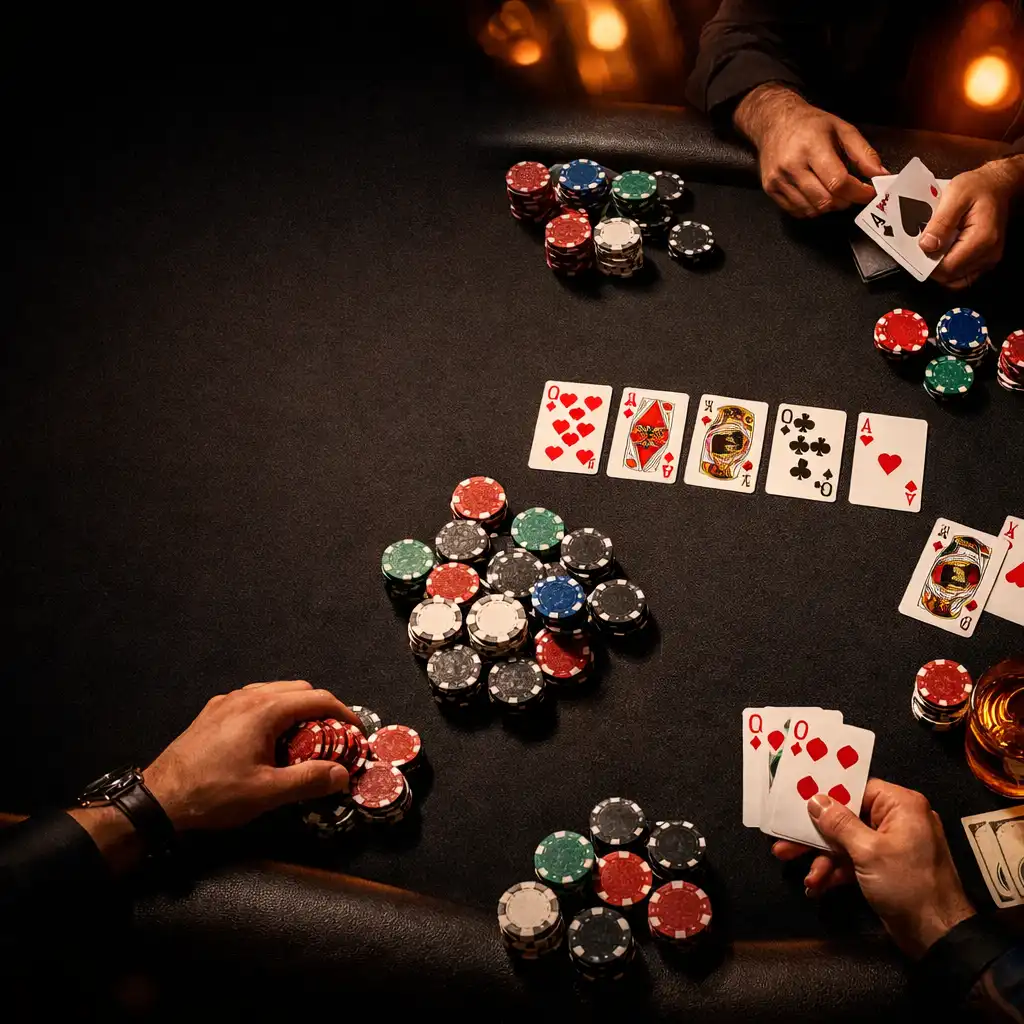 Elegáns pokerasztal felülnézetből, játékosok kezeivel és kártyákkal, meleg fényekkel