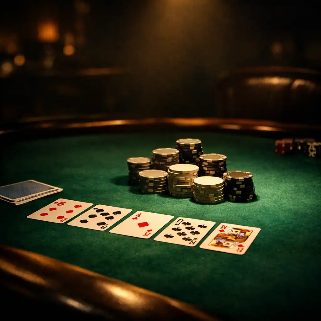 Professzionális offline poker asztal Texas Hold'em kártyákkal és neutrális zsetonokkal, hangulatos lounge világításban