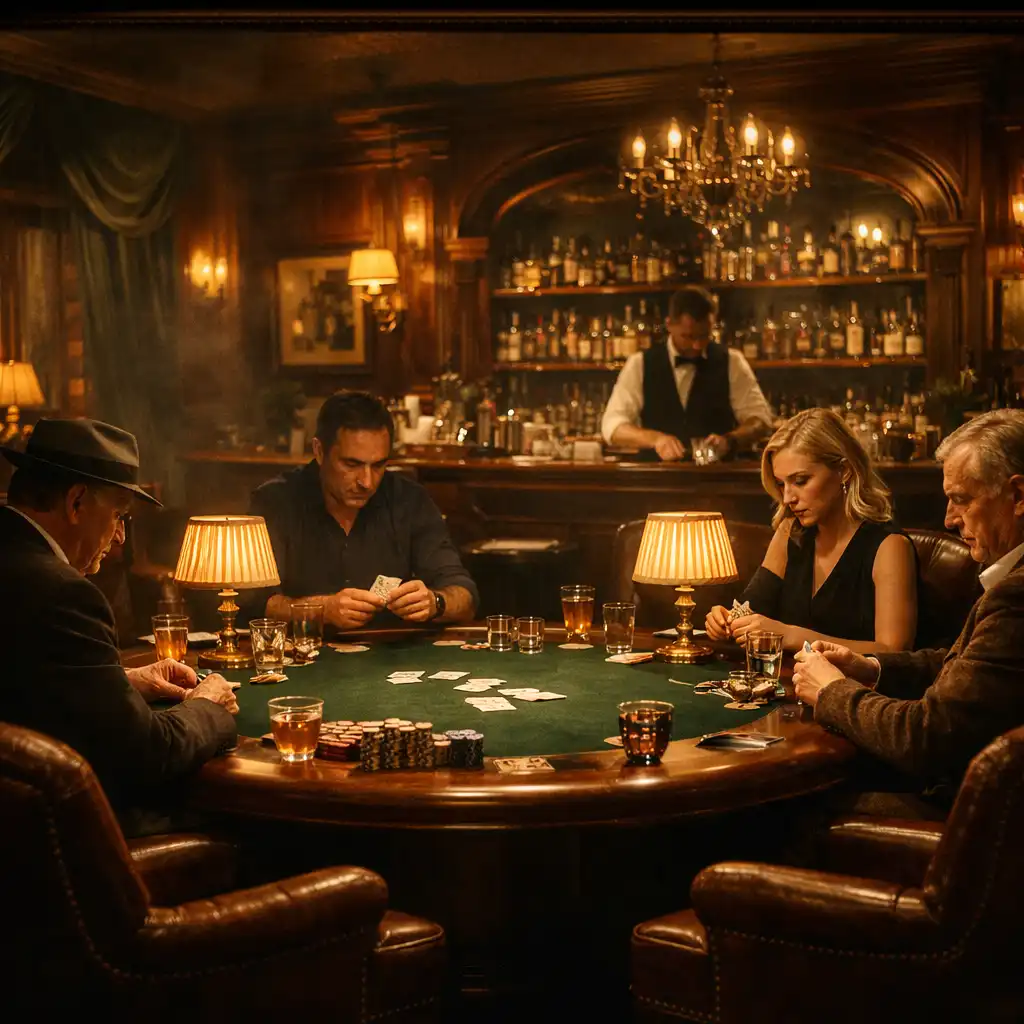 Széles látószögű kép egy pokerteremről, ahol vendégek játszanak több asztalnál