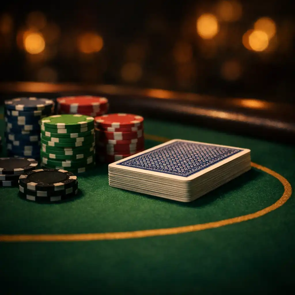 Prémium pokerasztal közeli képe címlet nélküli zsetonokkal és kártyákkal