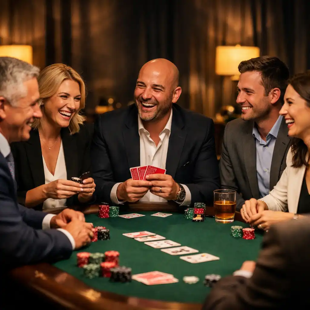 Üzleti öltözetű emberek egy pokerasztal körül céges rendezvényen