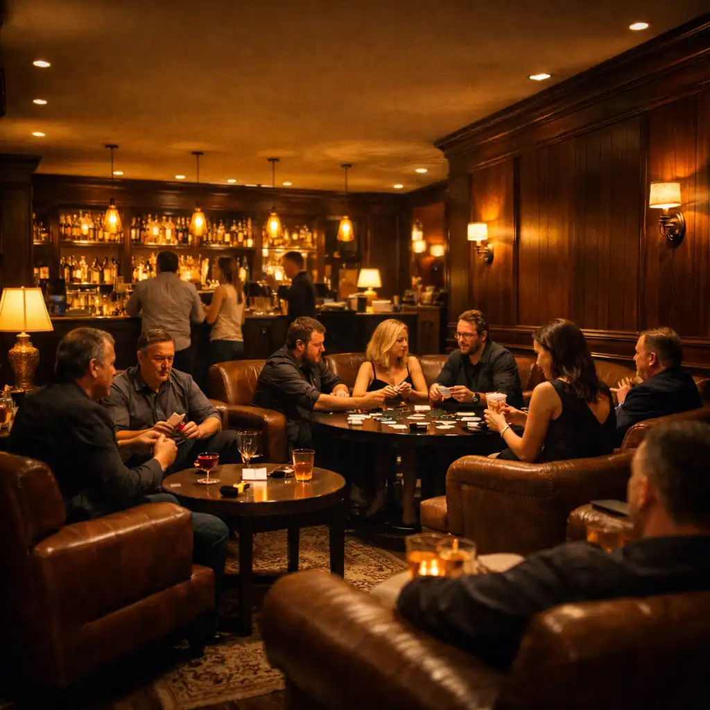 Exkluzív poker lounge bőrfotelekkel, bárpulttal és meleg világítással