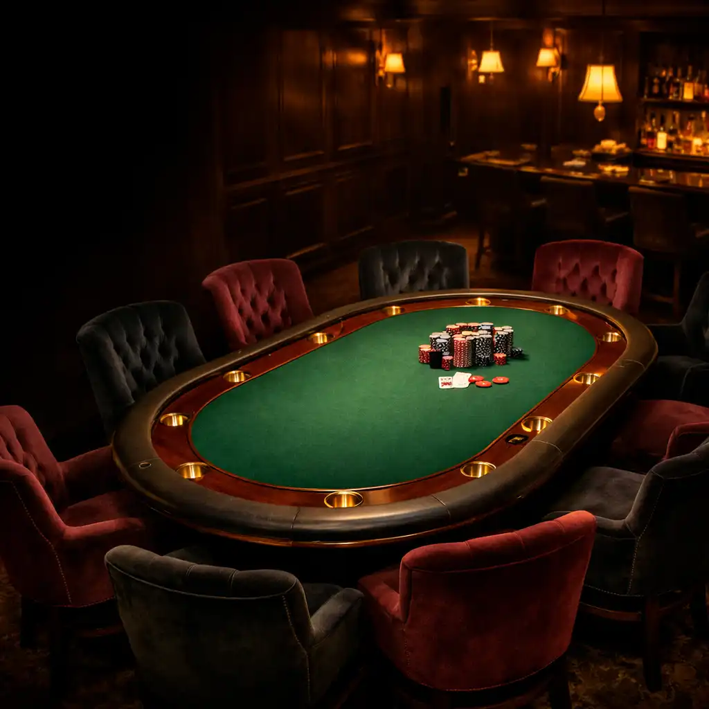 Elegáns, sötét tónusú pokerterem prémium pokerasztallal és bársony székekkel