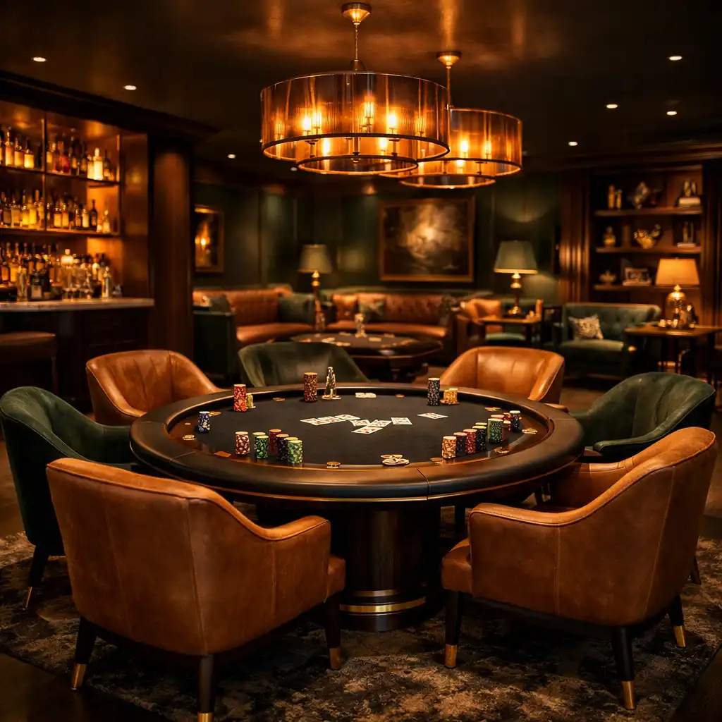 Prémium, lounge-szerű tér pokerasztallal, kényelmes fotelekkel és elegáns bútorokkal