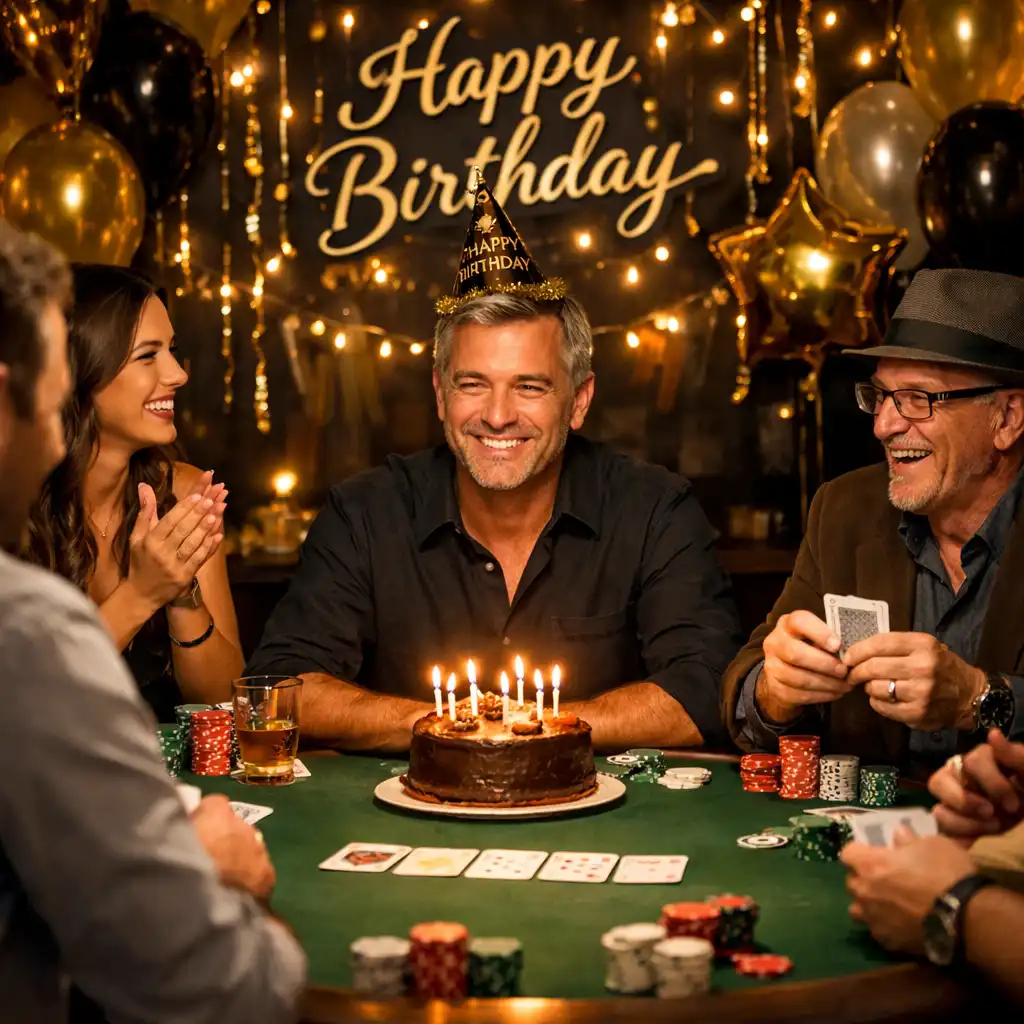 Születésnapi parti vendégekkel egy pokerasztal körül, elegáns dekorációval