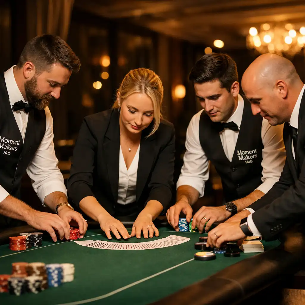 A Moment Makers Hub csapata egy pokerasztalt készít elő egy elegáns rendezvényhelyszínen