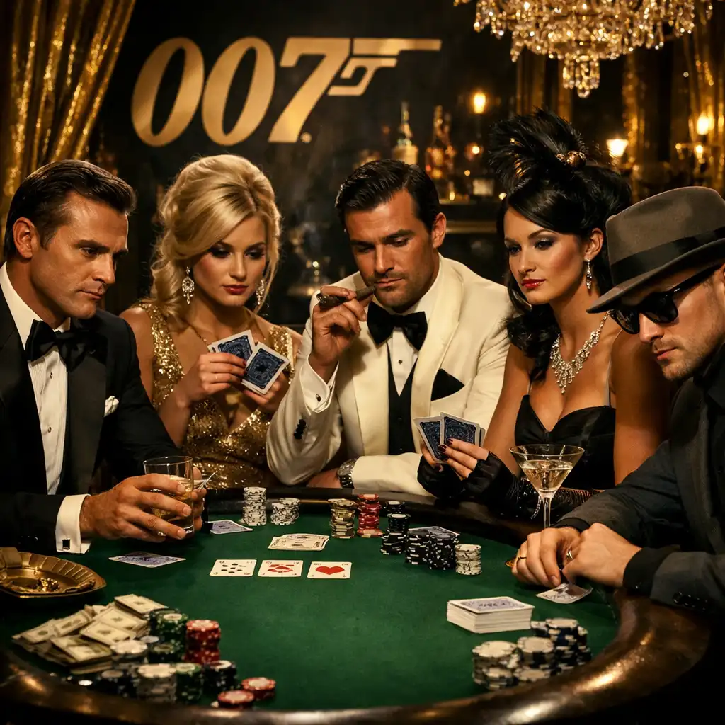 Retro vagy James Bond stílusú jelmezes vendégek egy tematikus pokeresten
