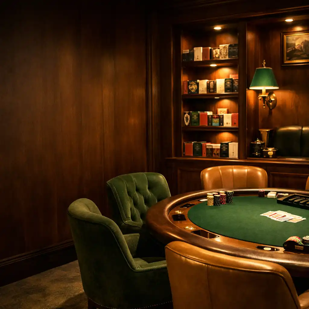 Intim Card Room belső tér, középen pokerasztallal és hangulatvilágítással