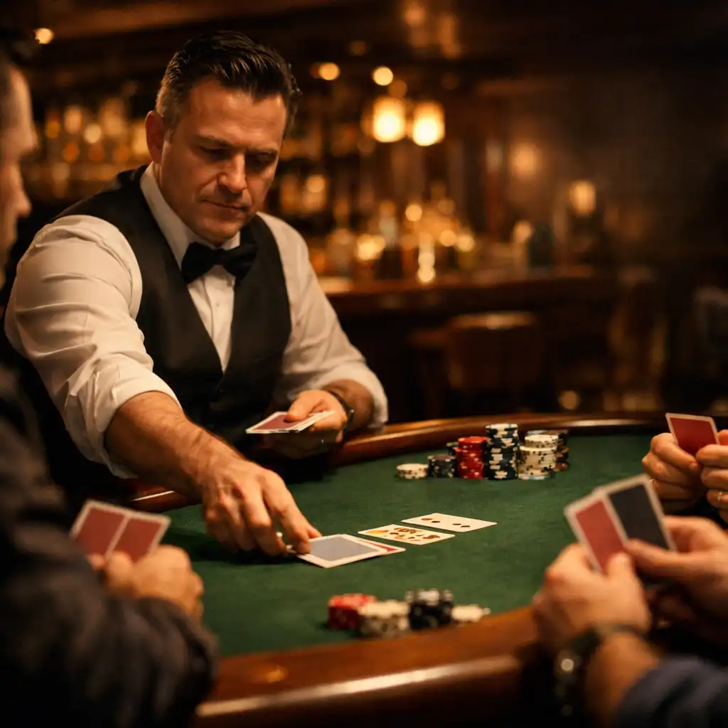 Professzionális osztó és játékosok egy offline pokerasztalnál, elegáns környezetben