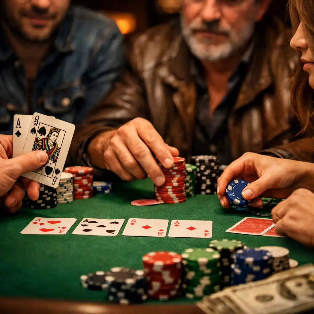 Közeli kép egy Texas Hold'em asztalról, ahol a játékosok éppen licitálnak